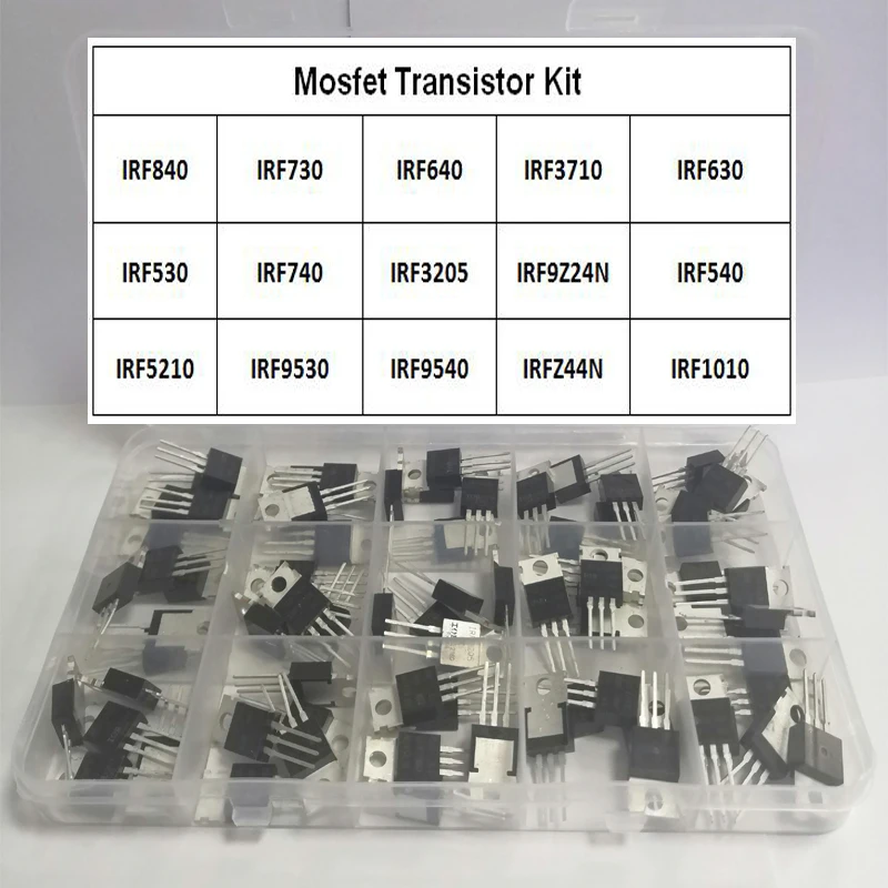 Kit de transistores de efecto de campo, 75 unidades por caja, 15 valores, IRF3205, IRF640, IRF740, IRF840, IRF530, IRF630, IRF1010, IRFZ44, IRF9540, IRF730, IRF9Z24