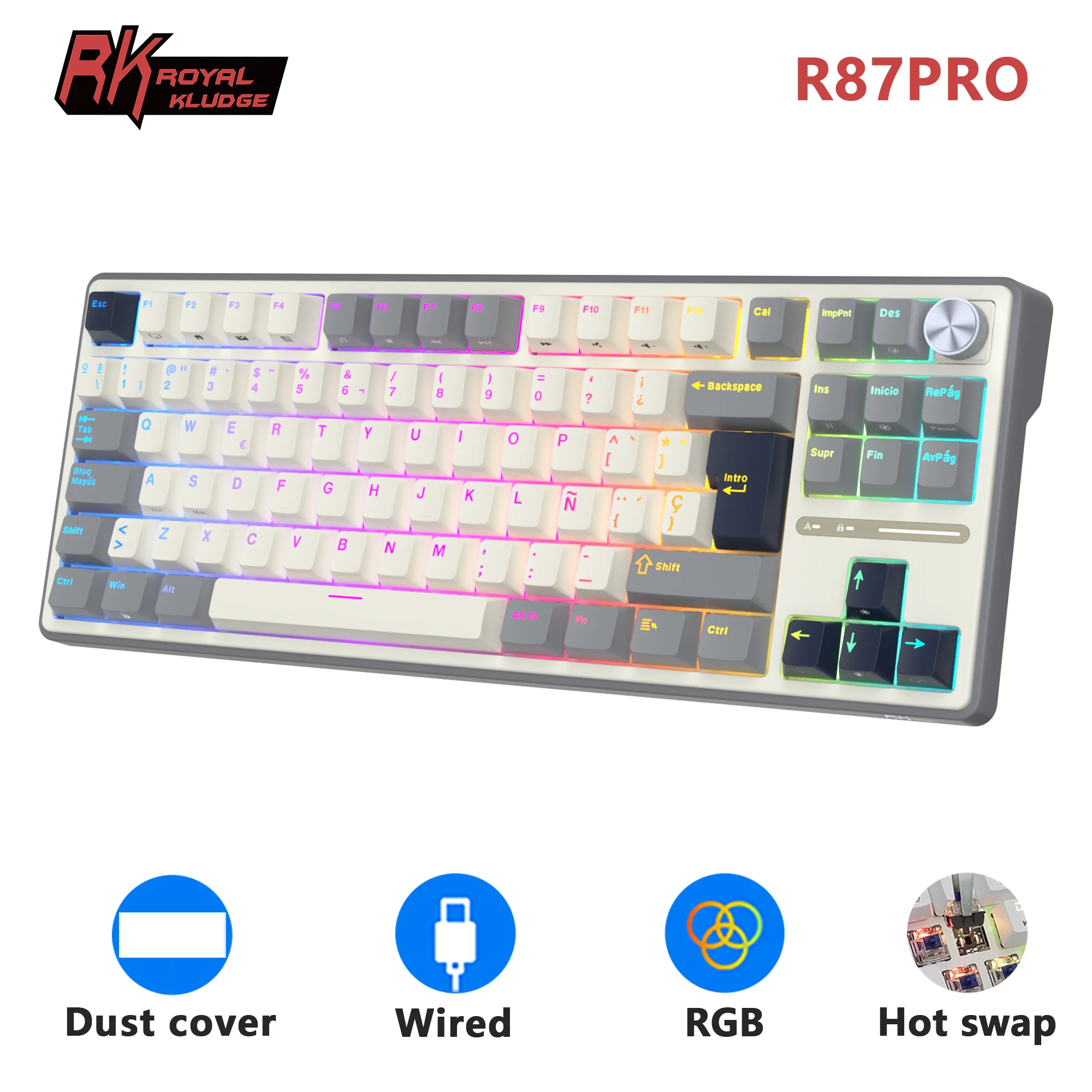 RK Royal Kludge RK R87Pro junta teclado de jugador con cable intercambiable en caliente 88 teclas Teclado mecánico 88% RGB retroiluminado con teclas PBT - imagen 2