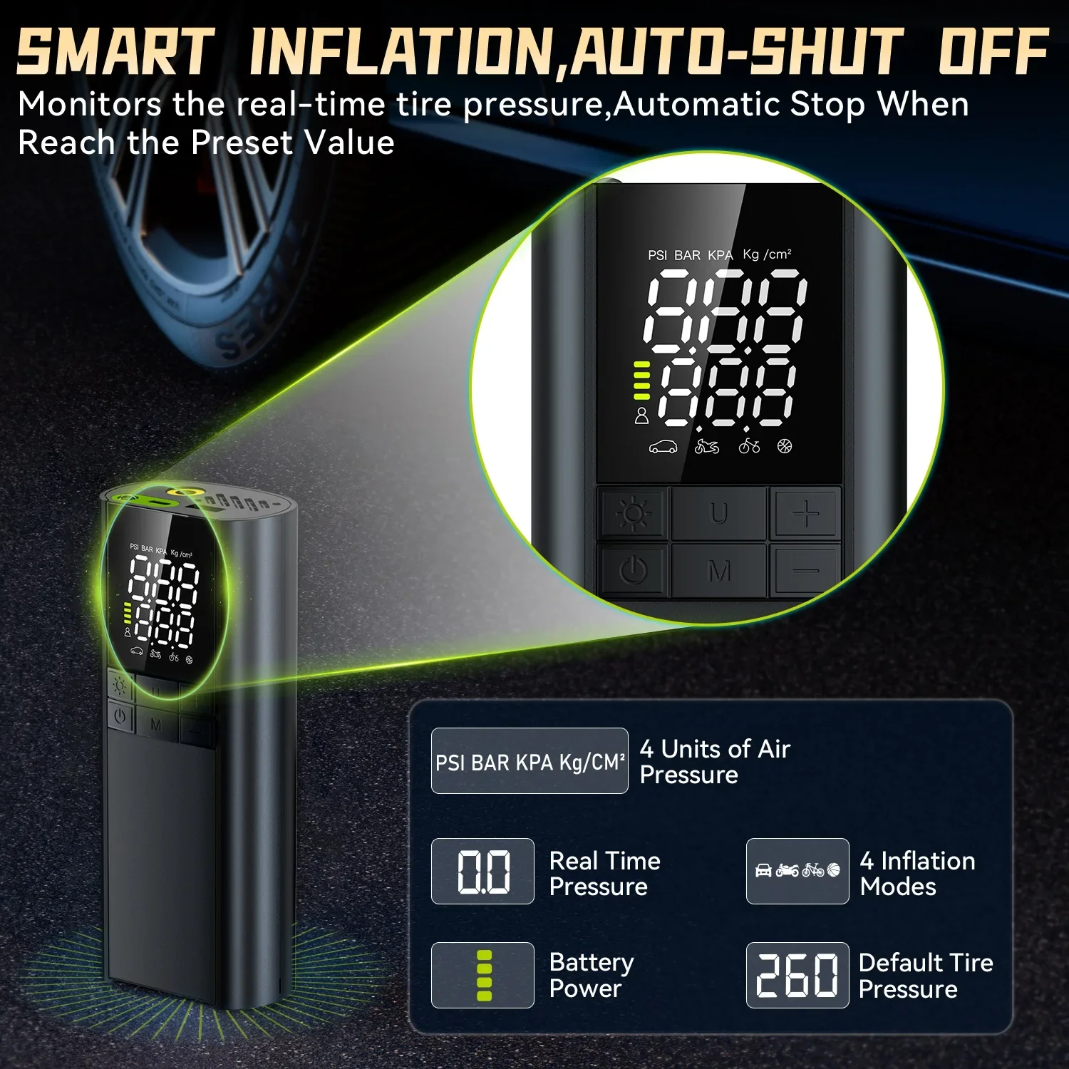 Bomba inflable para coche de 8000mAh, carga portátil, seguridad inteligente con luz de señal SOS para coche, motocicleta, coche eléctrico, bicicleta - imagen 2