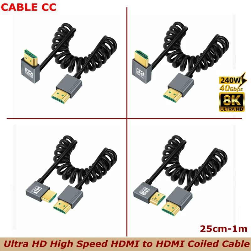 Cable en espiral compatible con HDMI corto 8K arriba abajo izquierda derecha, 48Gbps de alta velocidad macho a macho HDMI 2,1 compatible con HDR, 8K @ 60Hz,4K @ 120Hz