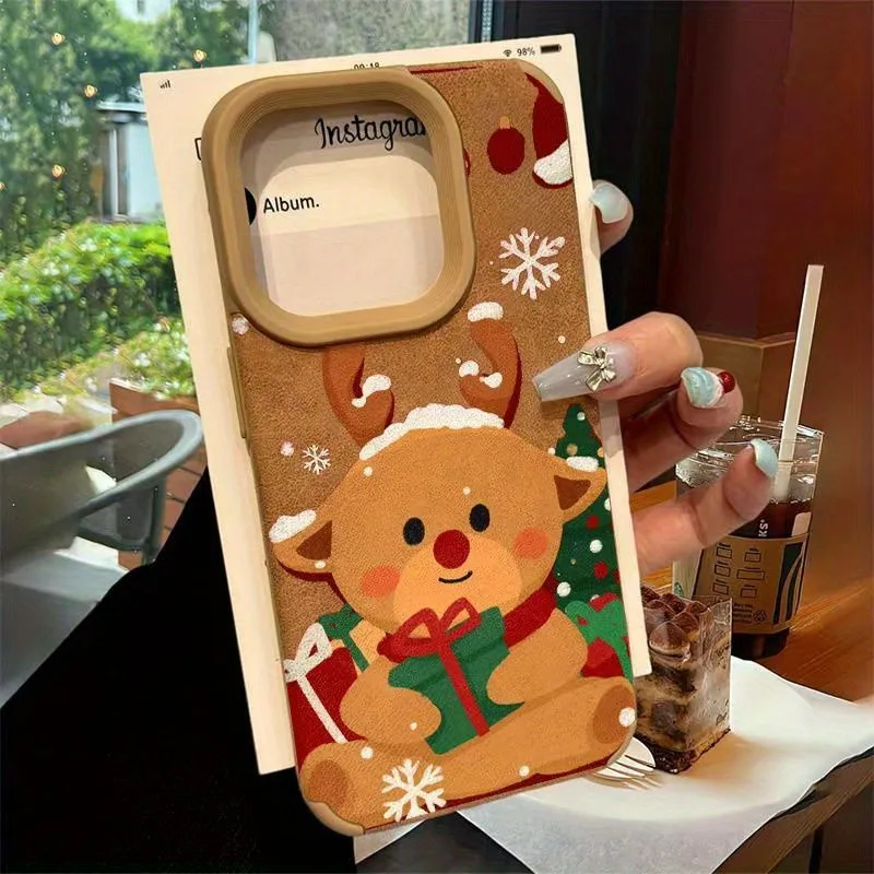 Funda de teléfono de piel sintética con diseño de patrones de renos navideños para iPhone 16, funda para iPhone 15 Pro Max 14 Plus 11 13 12 XS X XR - imagen 2