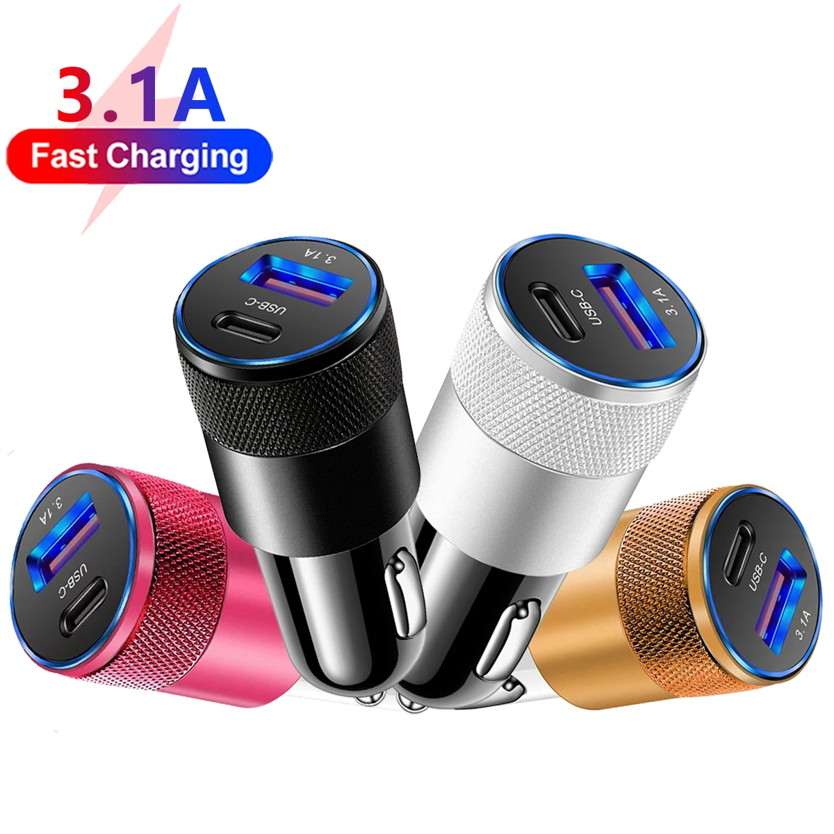 Cargador de coche USB 3.1A tipo C adaptador de teléfono de carga rápida para Xiaomi Huawei PD adaptador de cargador de teléfono enchufe encendedor de cigarrillos - imagen 2