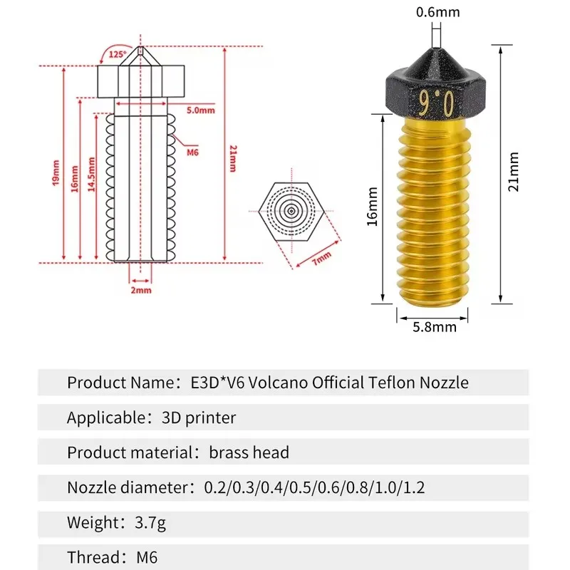 Boquilla de volcán E3D, acero duro, latón, PTFE plateado, impresión 3D para artillería Vyper Sidewinder X1 y X2 Genius Pro Hotend - imagen 5