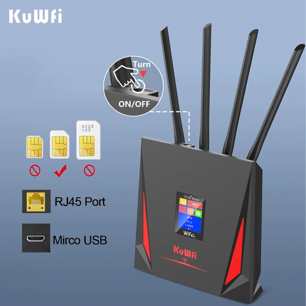 KuWFi-enrutador WiFi 4G de 300Mbps con ranura para tarjeta SIM, enrutador inalámbrico, antena externa, puerto RJ45, enrutador inalámbrico, cobertura de punto de acceso