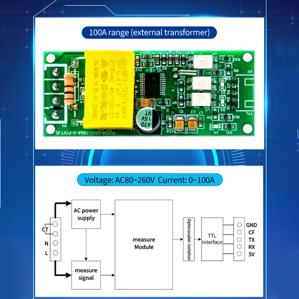 PZEM-004T 100A AC 80-260V voltímetro Digital amperímetro vatímetro prueba Digital multifuncional comunicación de pulso módulo serie TTL - imagen 2