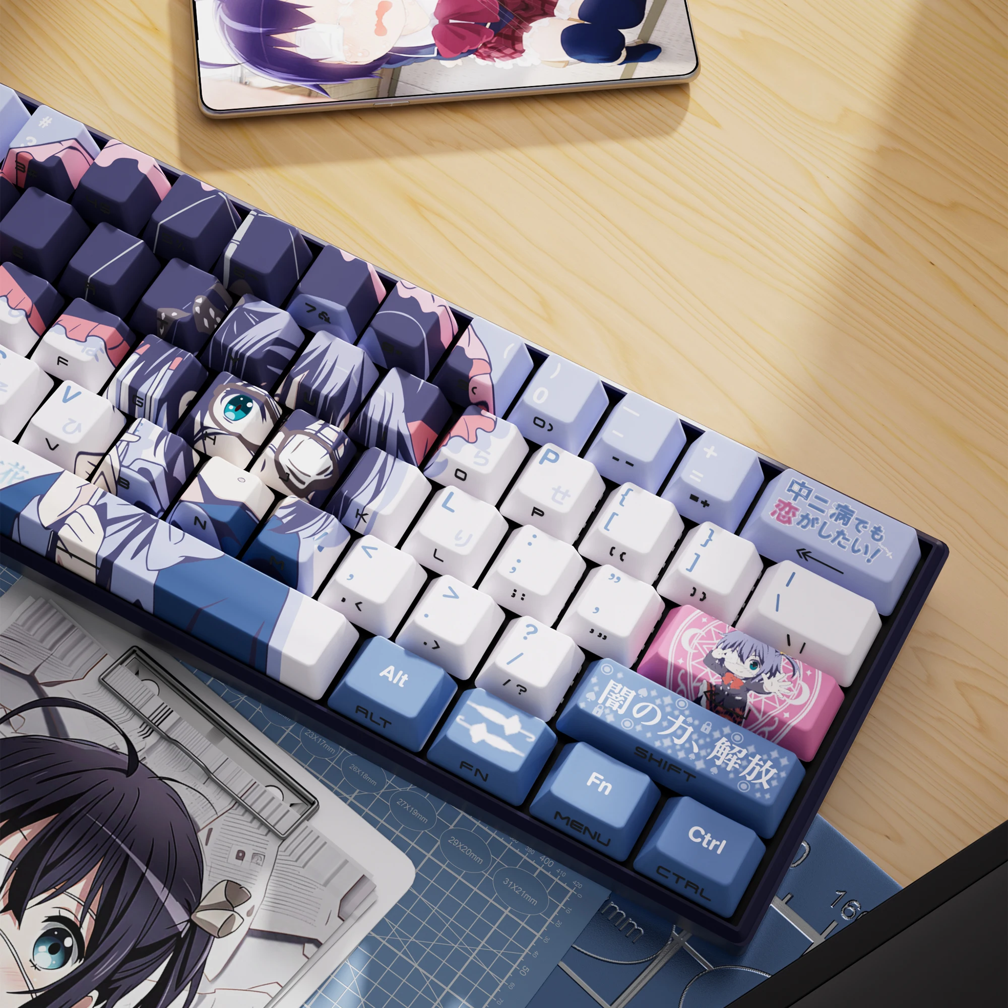 129 Kes Takanashi Rikka teclas translúcidas Anime teclas con impresión lateral PBT Dye-Sub Cherry para teclado mecánico Wooting 60 65 68 - imagen 5