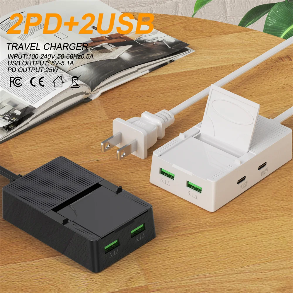 Cargador USB multipuerto de 25W PD tipo C, carga rápida, enchufe UE EE. UU., cargador de pared con soporte para teléfono, adaptador de teléfono de carga rápida de 4 puertos - imagen 2