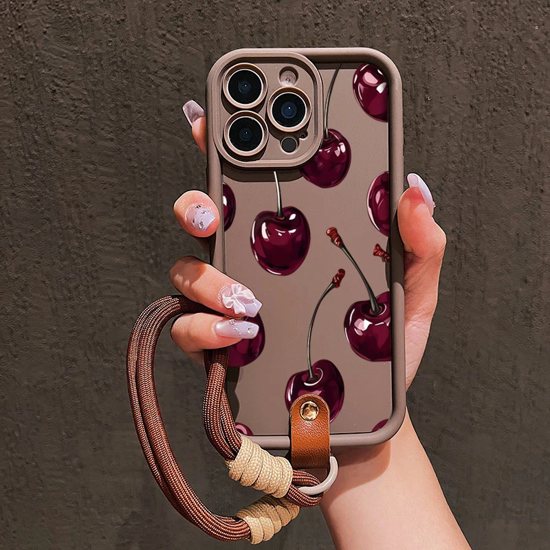 Bonita funda de teléfono con correa y cordón con estampado de cereza para iPhone 11 12 13 14 15 16 17 Pro Max 16E XS X XR 7 8 Plus, funda suave de silicona