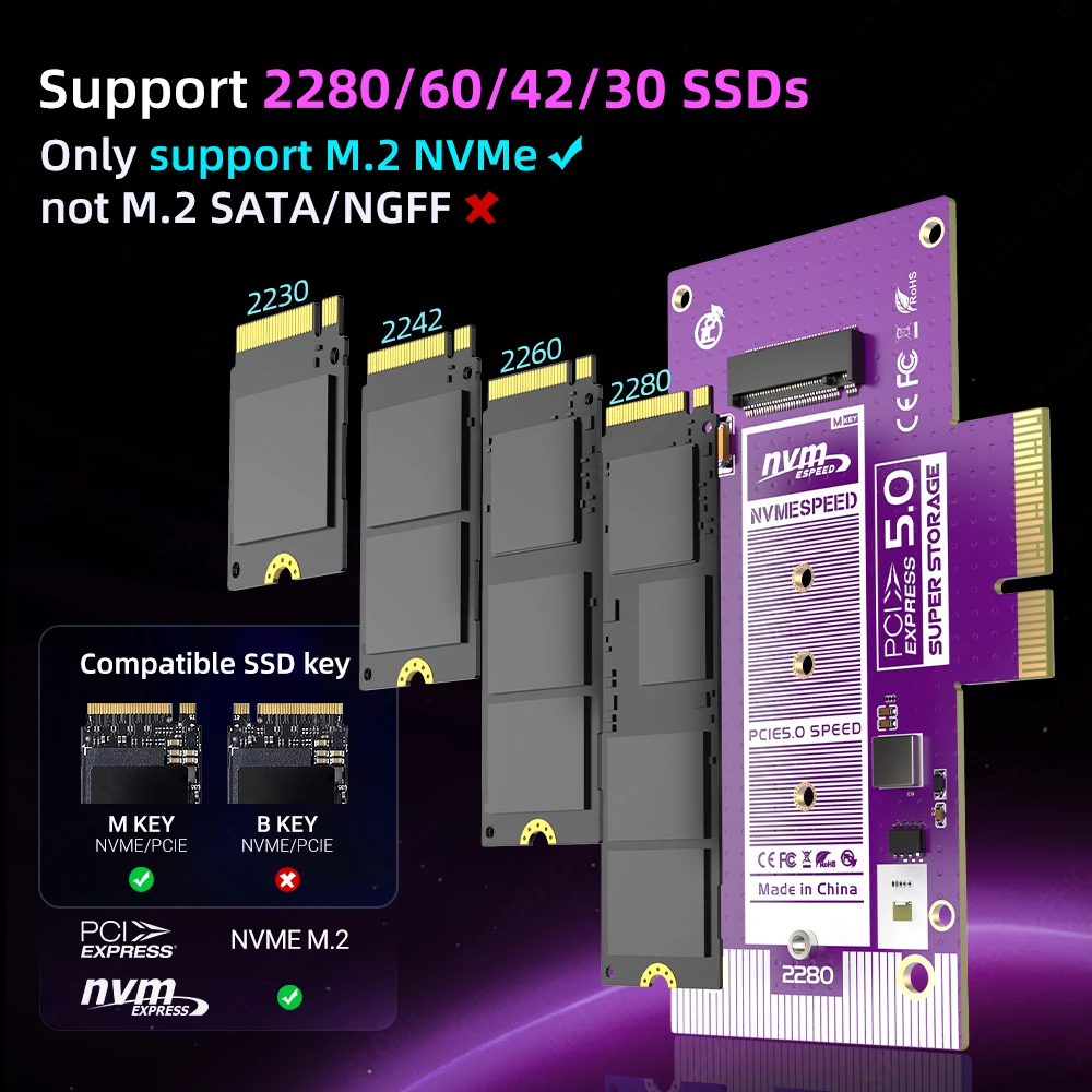 Tarjeta adaptadora JEYI PCIe 5,0 a M.2 NVMe, convertidor PCIe X4/X8/X16 a M2 SSD de alta velocidad con disipador térmico de refrigeración para SSD Gen5 de 128Gbps - imagen 3