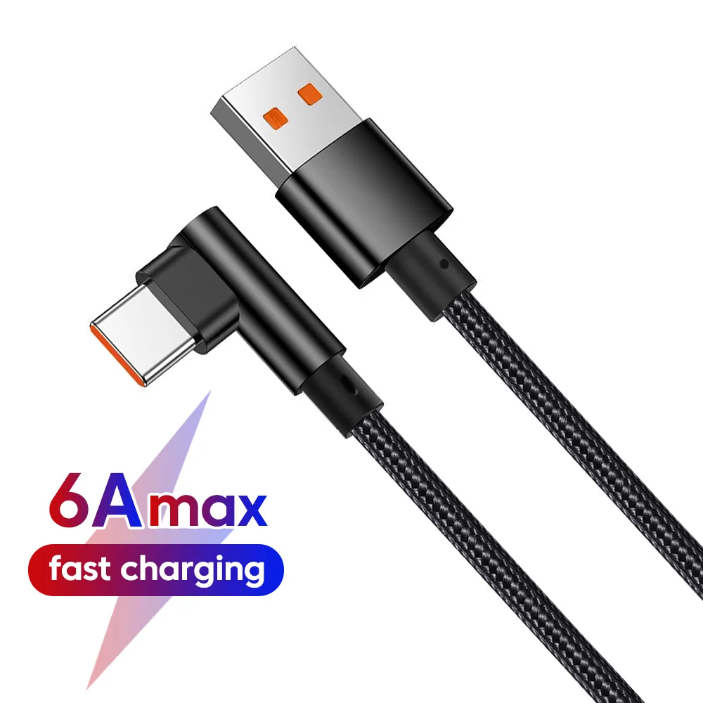 Cable USB a Tipo-c 120W 6A Ángulo Recto 90 °   Línea de datos de carga rápida trenzada de nailon para teléfono móvil con codo para Samsung Huawei Honor