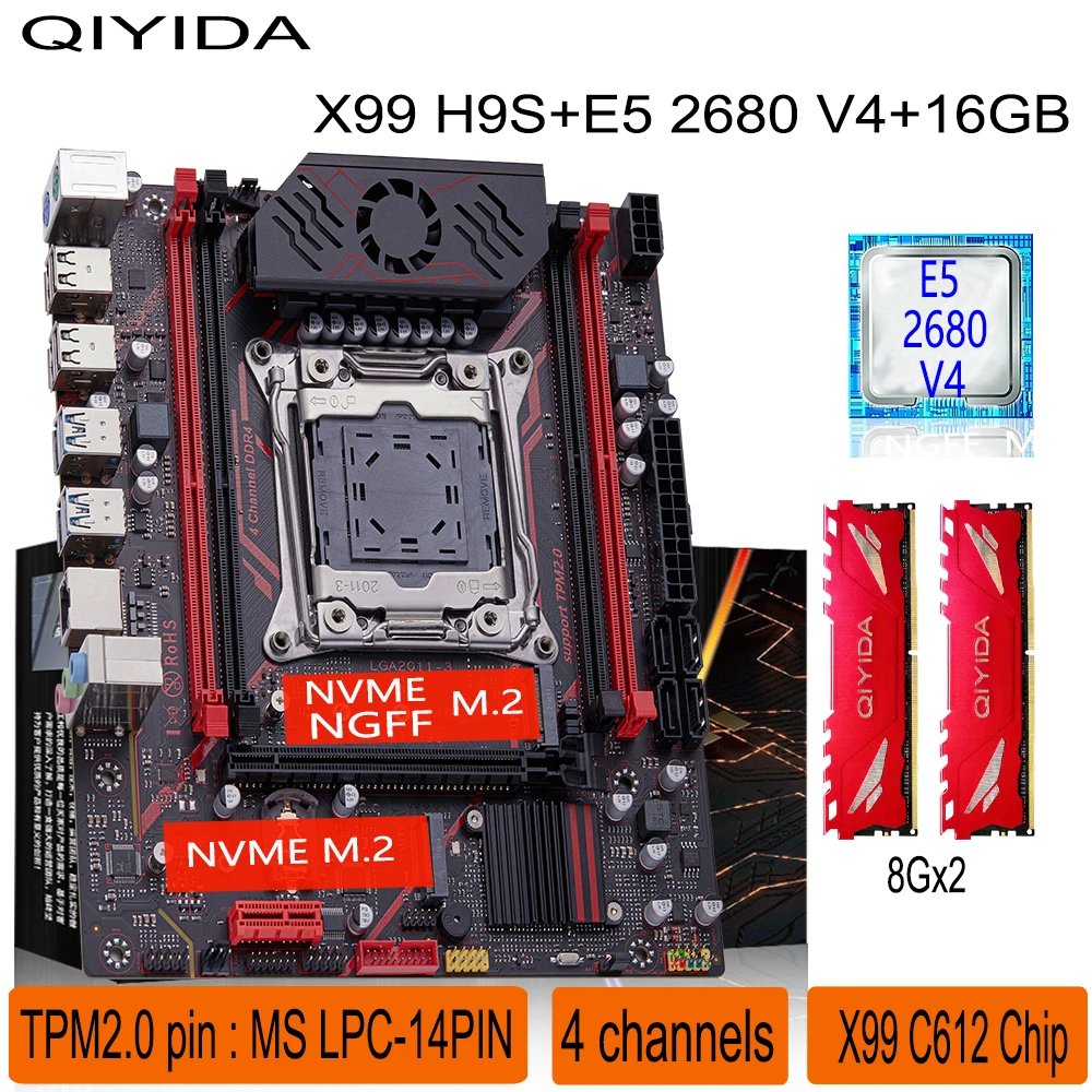 Kit de placa base Qiyida X99 LGA2011 3 Xeon E5 2680 V4 2*8GB 16GB DDR4 3200Mhz 4 canales NVME USB3.0 SATA3.0 interfaz TPM 2,0