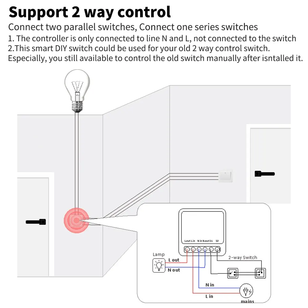 Interruptor inteligente con WiFi para el hogar, miniinterruptor inteligente con 2 vías, compatible con Alexa, Google Alice, Tuya, 16A - imagen 5