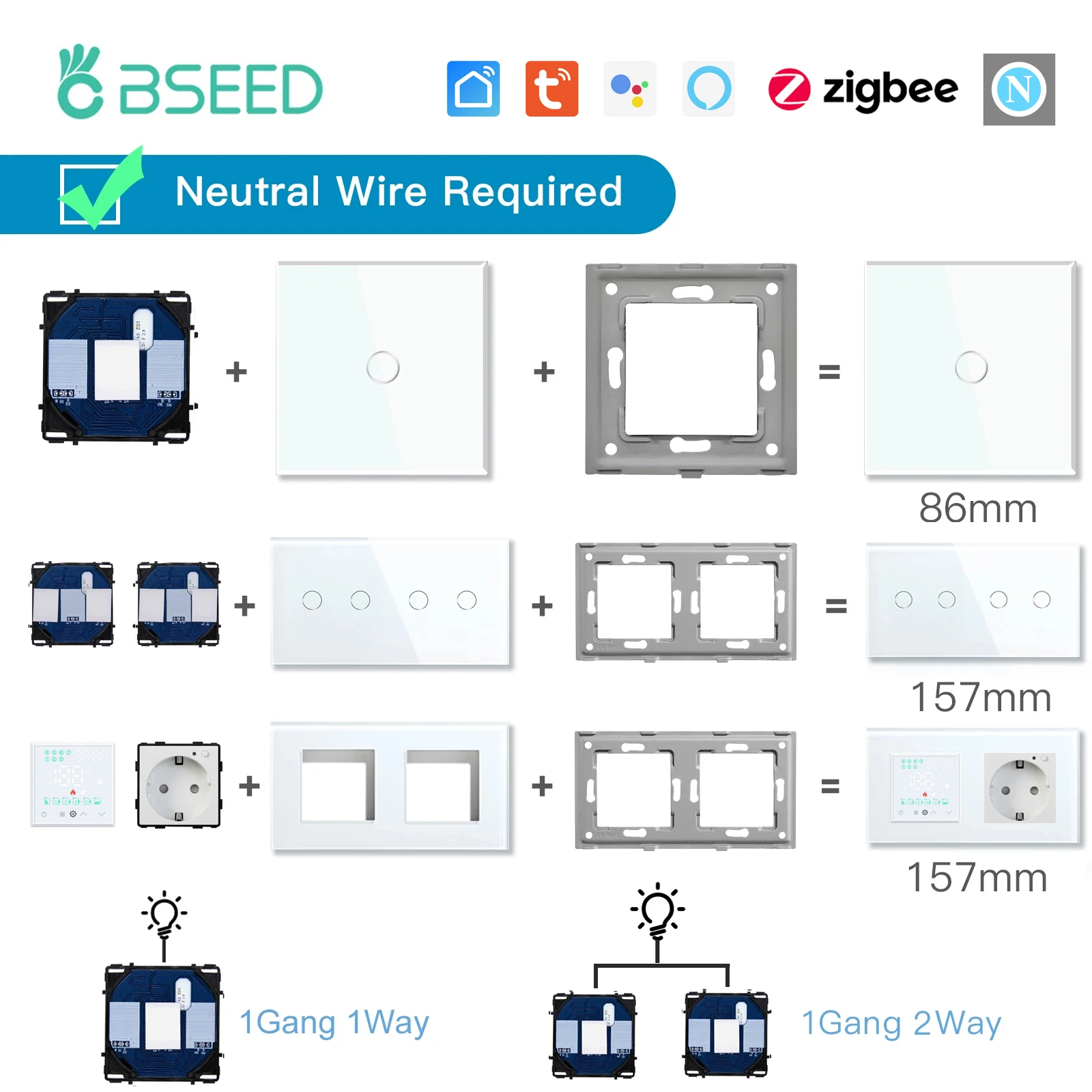 BSEED-Interruptor táctil Zigbee, pieza de función, Panel de vidrio, solo interruptor de cortina atenuador inteligente, pieza DIY, piezas de enchufe Zigbee con neutro