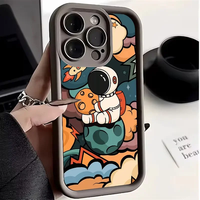 Funda de teléfono mate con dibujos de astronauta espacial para iPhone16, 15, 14, 11, 12, 13Pro Max X XS XR 7, 8Plus SE2, funda de silicona suave a prueba de golpes - imagen 2