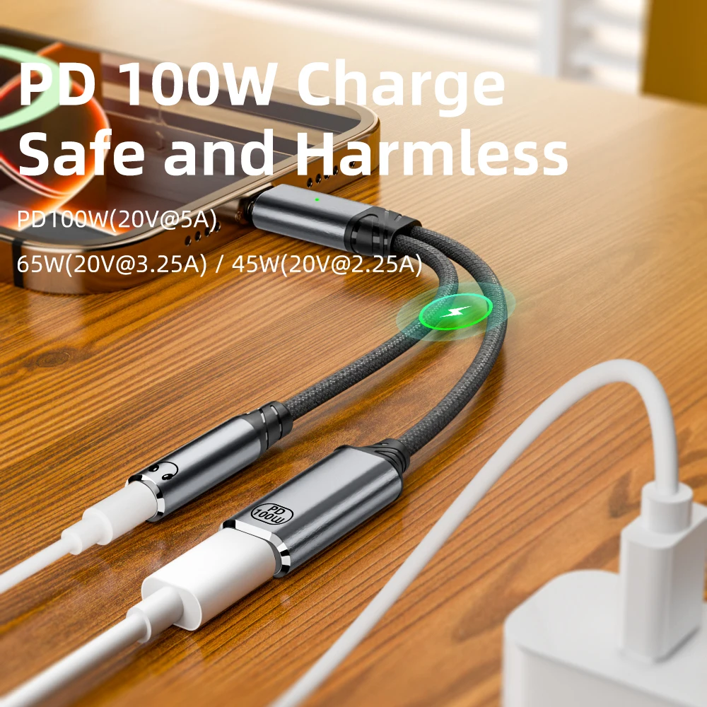 PD 100W tipo C a 3,5mm a auriculares Audio Aux Jack Cable adaptador 2 en 1 USB C divisor tipo C Cable cargador de auriculares para iPhone 16 - imagen 5