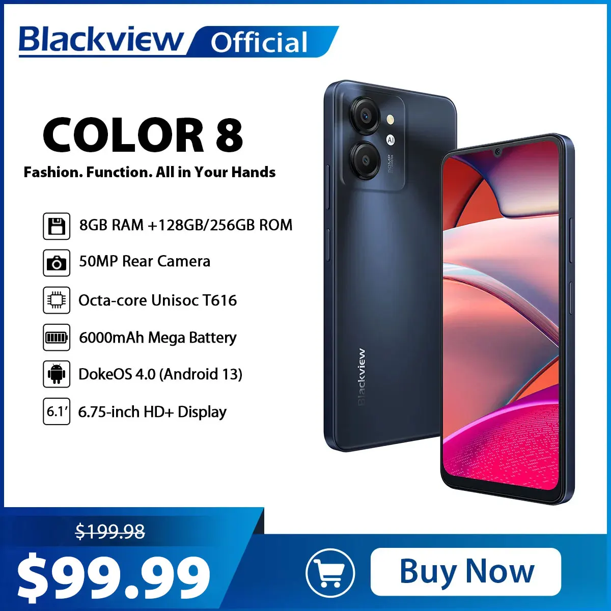 Blackview COLOR 8 Android 13 Smartphone 6,75 pulg. 128/256 GB 50 MP