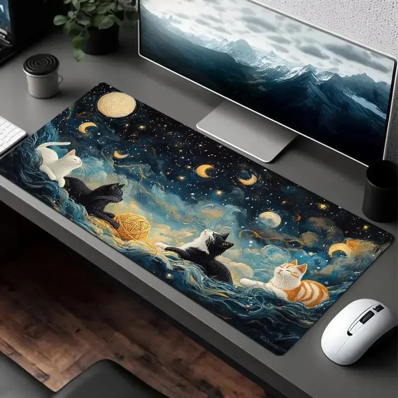 Alfombrilla de ratón con diseño de gato inspirado en la noche estrellada, accesorios de escritorio de PC antideslizantes de goma grande, alfombrilla de ratón para decoración de teclado de oficina y jugadores