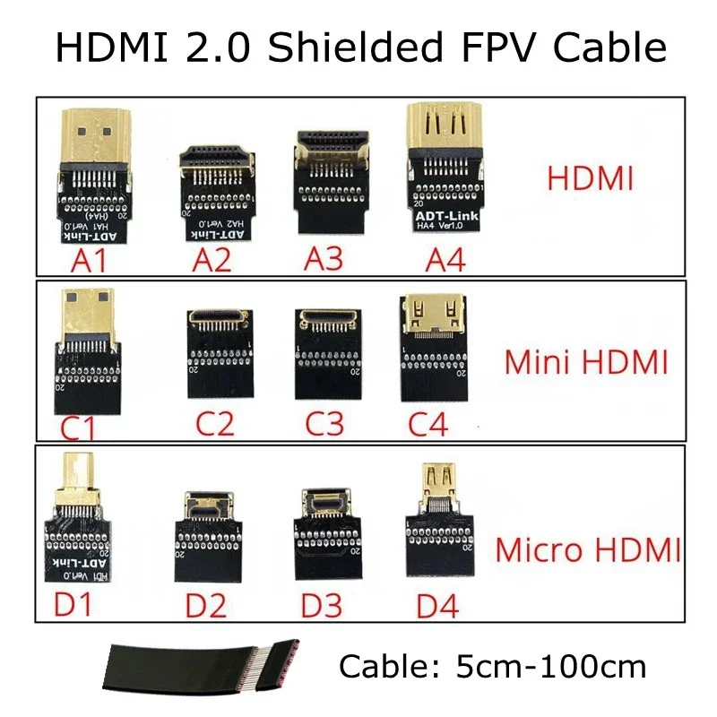 Adaptador de codo FPV Micro HDMI Mini HDMI 5cm-2m cinta FPC HDMI 2,0 Cable plano blindado 4k 60Hz para fotografía aérea multicóptero
