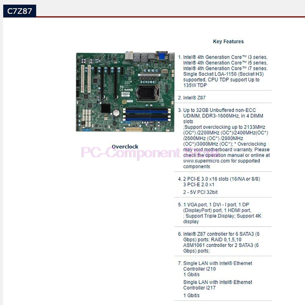 Placa base para estación de trabajo C7Z87, serie i3 i5 i7 de 4. a generación, LGA1150 DDR3 PCI-E 3,0 SATA3