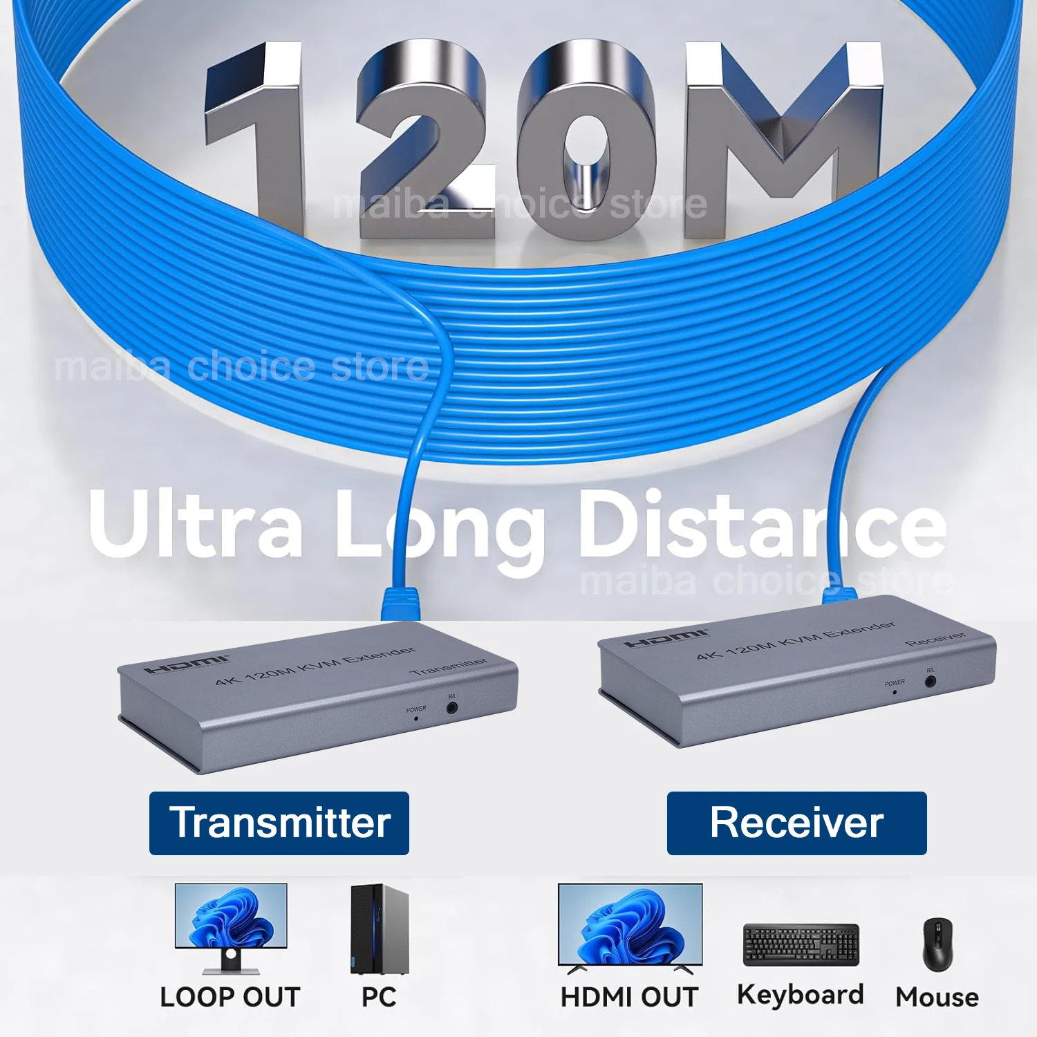 4K 30Hz HDMI KVM Extender 120M over RJ45 Cat5e/6 Cable HDMI KVM USB Ethernet Video Extender with Loop-out Support Mouse Keyboard - imagen 2