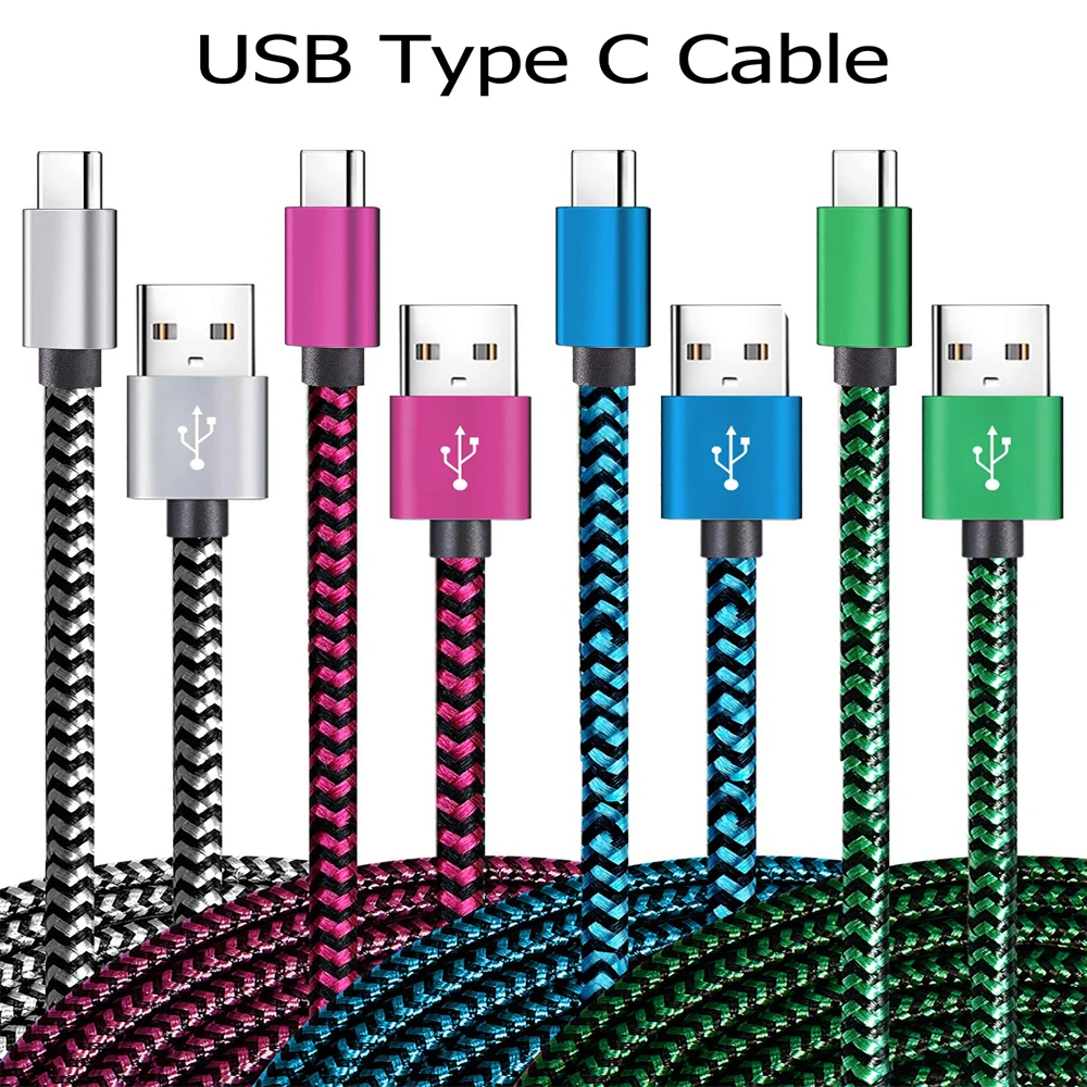 Cable de sincronización de datos USB tipo C, cargador de nailon trenzado para teléfono móvil Samsung, Huawei y Android, 2.4A, 1M, 2M, 3M - imagen 2