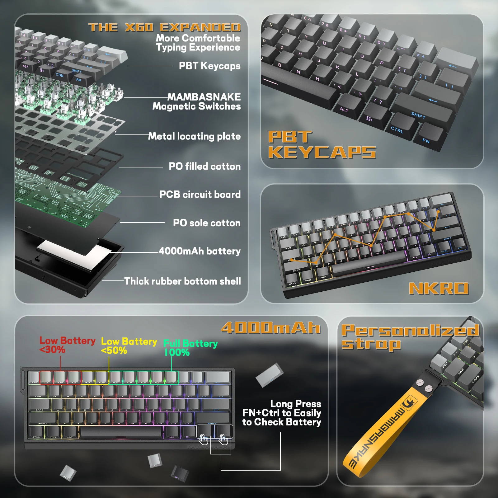 ATTACK SHARK x MAMBASNAKE X60 HE Teclado de gatillo rápido 8K con interruptor magnético, conexión de tres modos, precisión de gatillo rápido de 0,01 mm - imagen 3