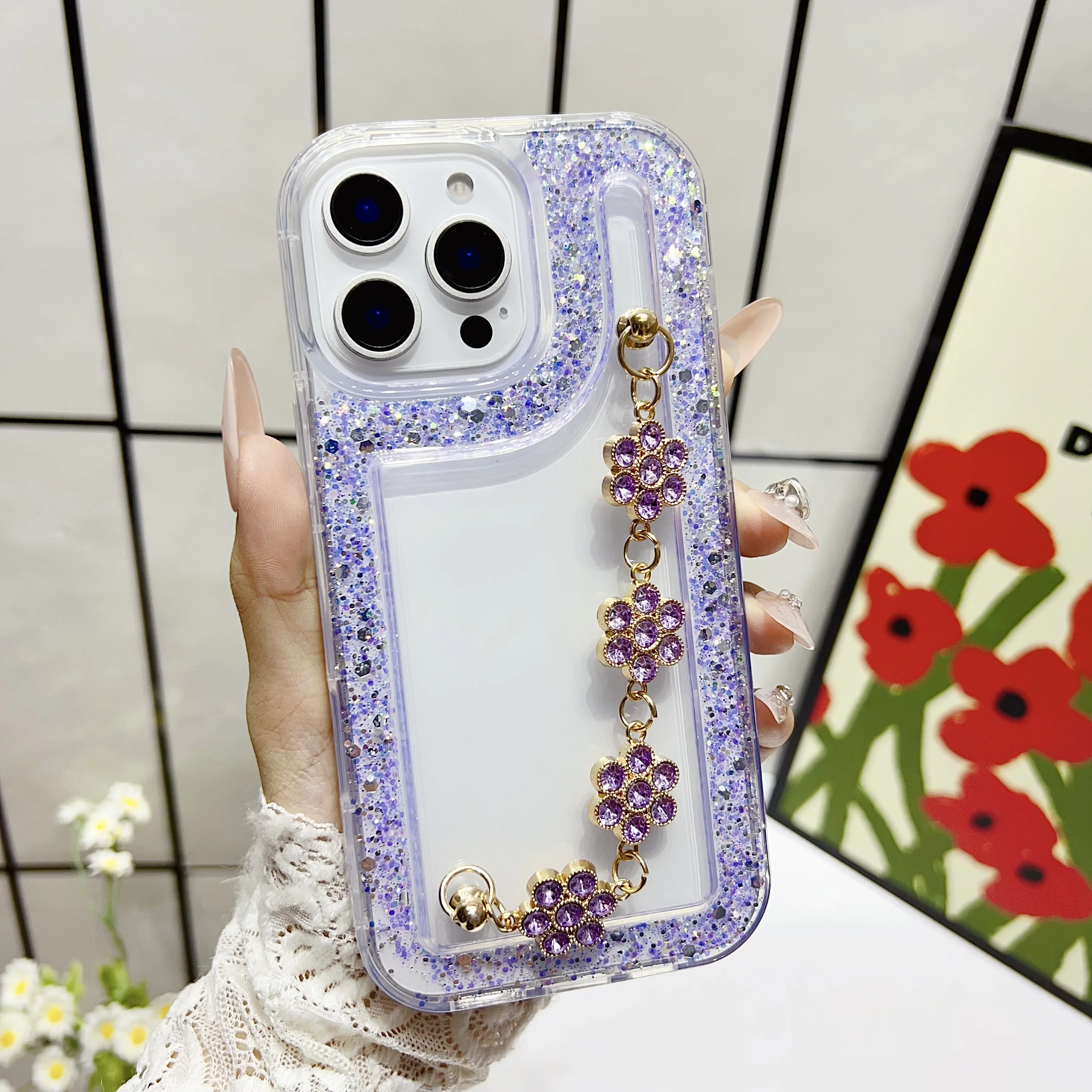 Funda de teléfono con purpurina y pulsera de flores para Samsung A54 A34 A24 A14 A04S A13 A23 A52 A12 A22 A32 A51 funda de silicona suave a prueba de golpes - imagen 3