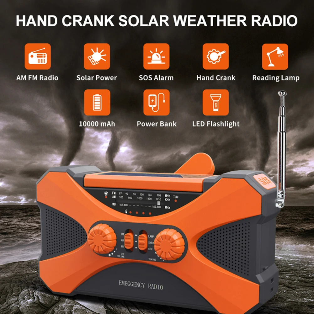 Radio de emergencia con energía Solar de 10000mAh, receptor Global AM/FM/NOAA con manivela manual, linterna LED de alta calidad, luz de lectura, alarma SOS - imagen 4