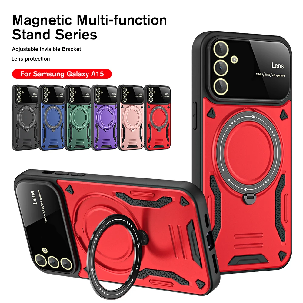 Para Samsung A15 funda protectora de lente completa cubierta magnética Galaxy A05s A05 4G A25 A35 A55 5G 360 °   Fundas con soporte de anillo oculto giratorio