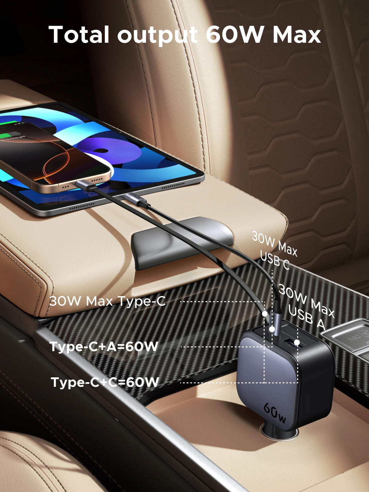 Cargador de coche retráctil UGREEN 60W carga rápida para iPhone Samsung cargador de coche para teléfono móvil - imagen 2