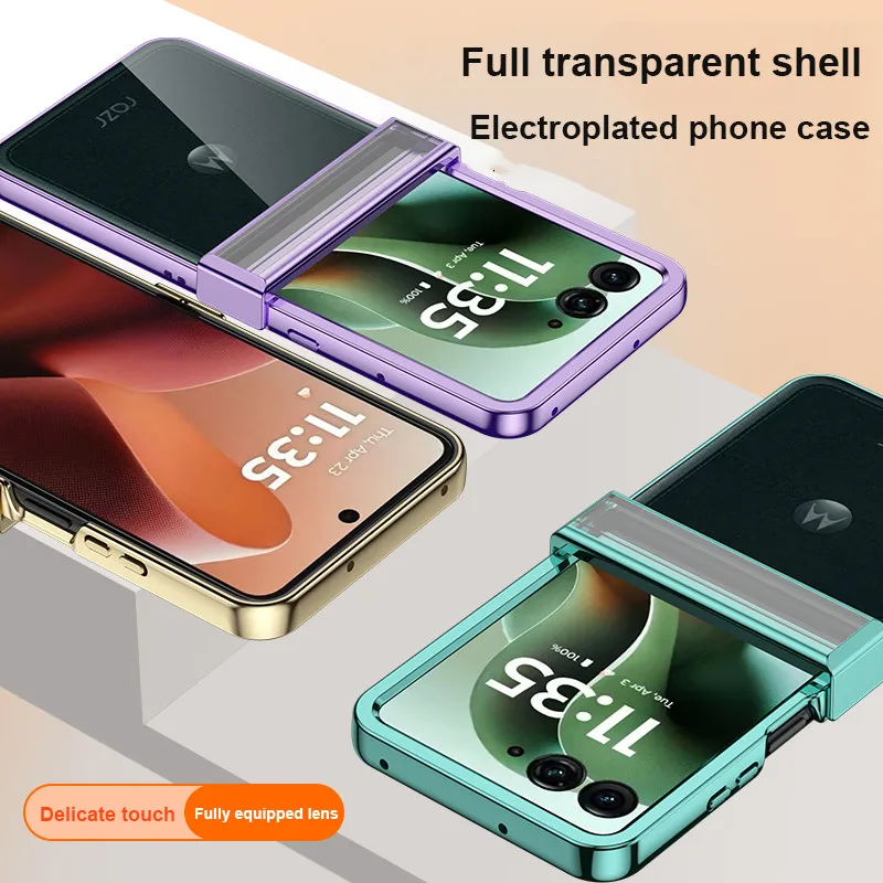 Funda con tapa de PC dura chapada transparente para Motorola Razr 60 Ultra 50 60 Ultra 5G, cubierta protectora de juego de bisagras de 3 piezas de Color sólido - imagen 3
