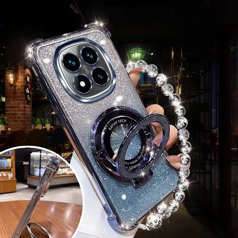 Funda con soporte magnético brillante para Xiaomi Redmi Note 14 15 Pro Plus 15 15C 14C 14S 4G 5G, funda de silicona con pulsera de cristal - imagen 4