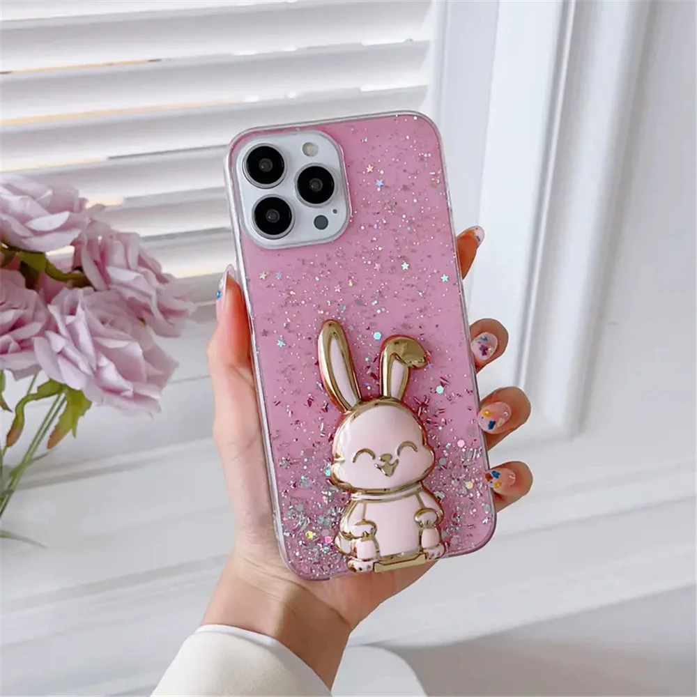 Funda de teléfono con soporte de conejo brillante chapada para Xiaomi Redmi 13C 12C 10C Note 12 4G 9S 10S 11S 8 8T 9 10 11 Pro 10A 9C - imagen 4