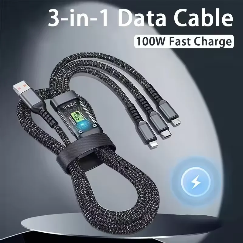 Cable USB 3 en 1 con pantalla Digital LED de 100W, Micro Usb tipo C para iphone, Samsung, Huawei, Xiaomi, Cable de carga múltiple multipuerto