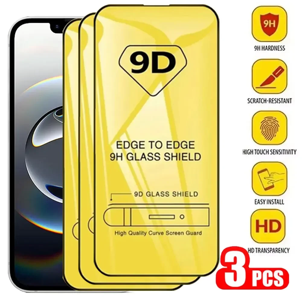 3 uds 9D vidrio templado para iPhone 1716 Pro Max 15 14 Plus 13 12 11 Pro Max XS X XR Protector de pantalla de cobertura completa 9H vidrio