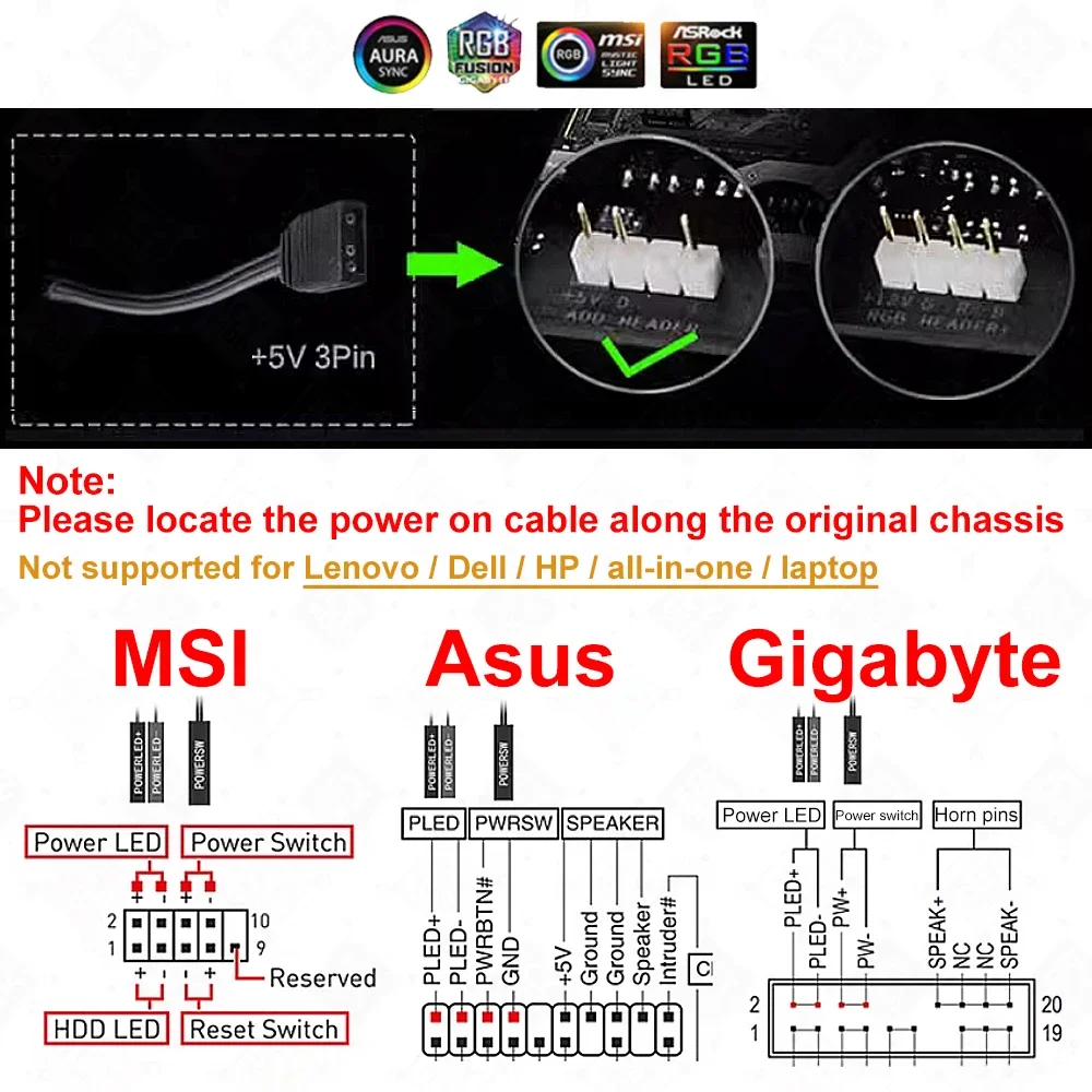 ICYMOD ARGB PC Gaming Botón de inicio externo ROG 5V3pin AURA SYNC Botón de inicio para placa base de CPU con terminales DuPont - imagen 4