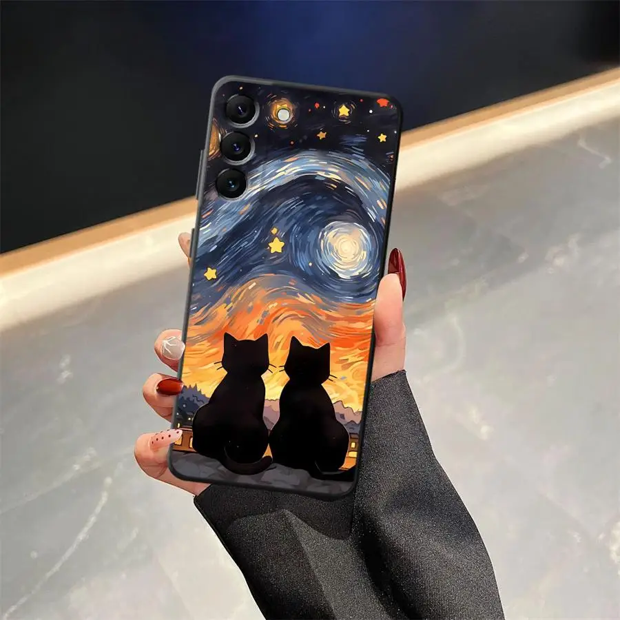 Funda de dibujos animados de gato cielo estrellado para Samsung Galaxy A06 A30 A15 A70 A50 A04 A20 A13 A05 A10 A12 A40 A16 A17 funda de teléfono suave negra - imagen 2