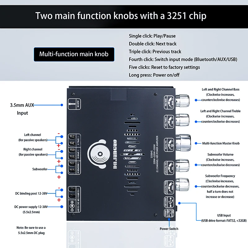 TOKBAN TPA3251 S350HS 220w * 2 + 350w Subwoofer placa amplificadora Bluetooth de 2,1 canales amplificador estéreo HIFI para cine en casa - imagen 5
