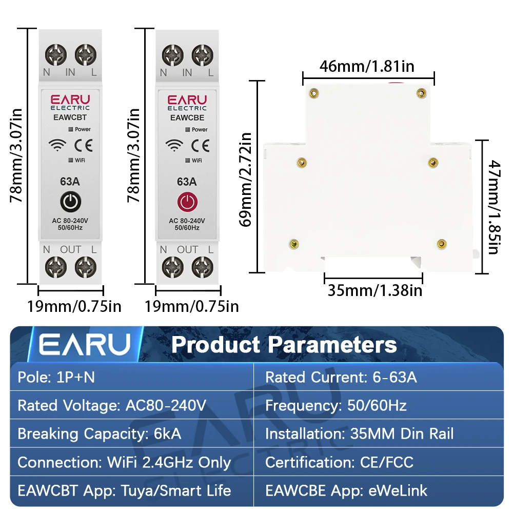 Tuya eWeLink WiFi disyuntor inteligente MCB 1P + N 63A interruptor de relé de tiempo medidor de energía kWh Protector de corriente de voltaje Control remoto - imagen 3