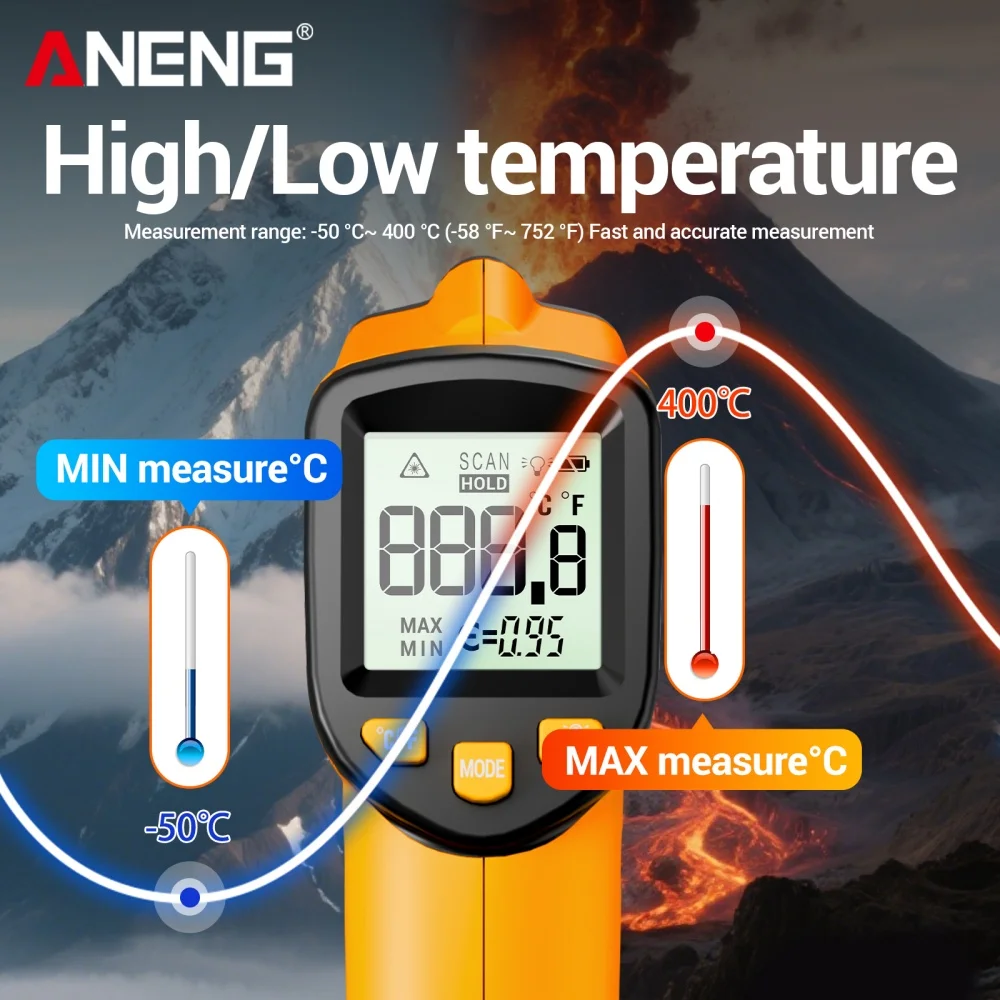 Termómetro láser ANENG TH109 Instrumentos de temperatura Pirómetro sin contacto -50 ~ 400 ℃   Herramientas de prueba con pantalla LCD de pistola de temperatura - imagen 4