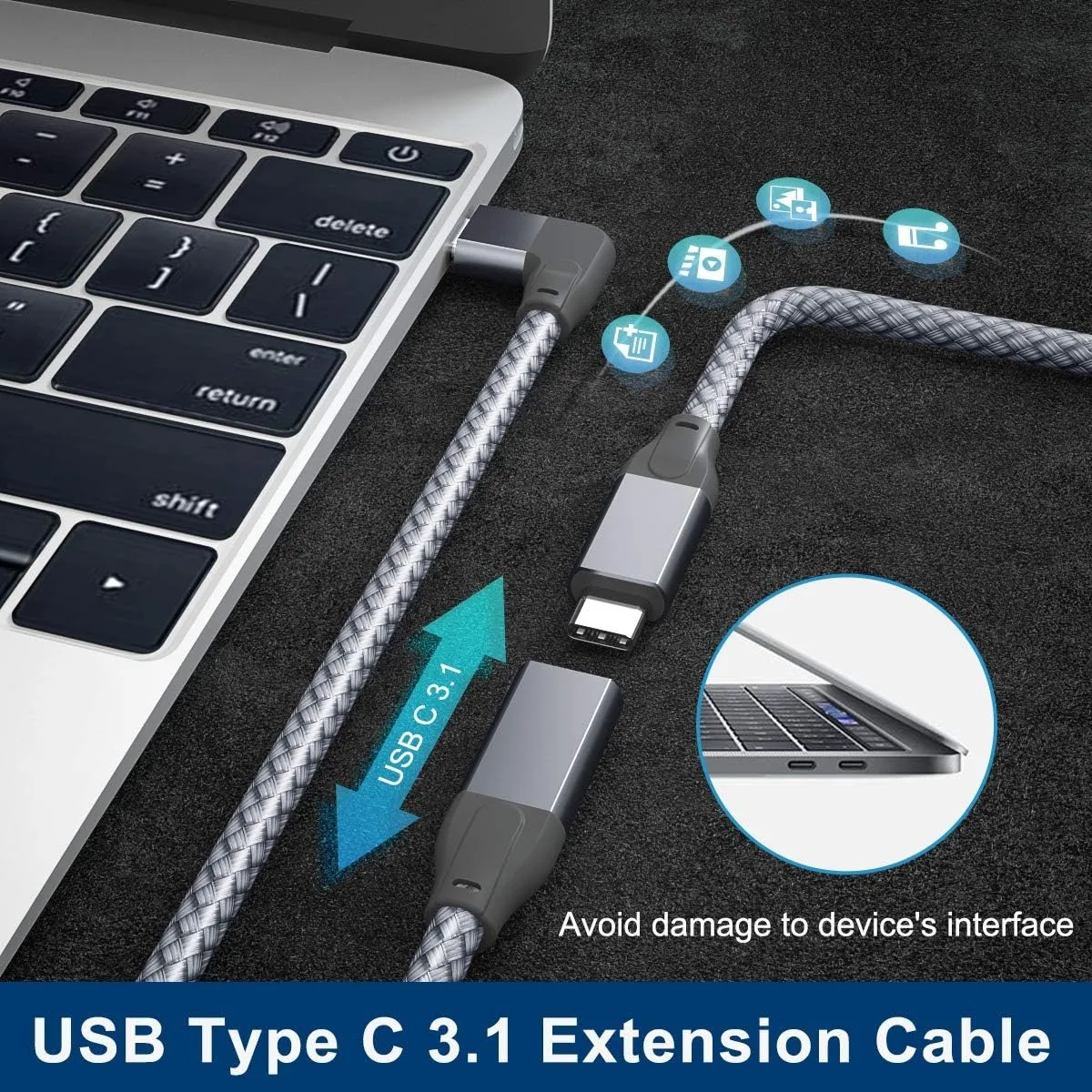 Cable de extensión USB C de ángulo recto de 90 grados USB3.1 Gen2 tipo C macho a hembra 10Gbps 4K vídeo PD100W Cable trenzado para teléfono móvil - imagen 2