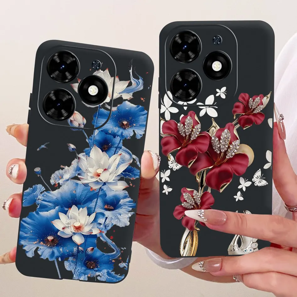 Funda para Tecno Spark 20 20C Go 2024, funda BG6 KJ5 KJ5n BG7n BG7, Fundas de silicona negra suave con flores a la moda para parachoques Tecno Pop 8