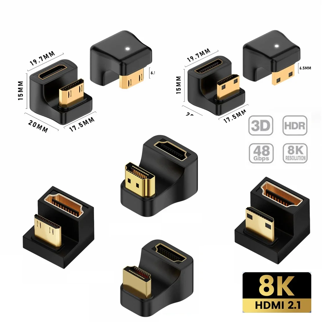 Convertidor L en forma de U en ángulo de 360 grados, Mini HDMI macho a HDMI, extensión hembra de 2,1 V, adaptador 4K 5K 3D UHD 8K 60Hz
