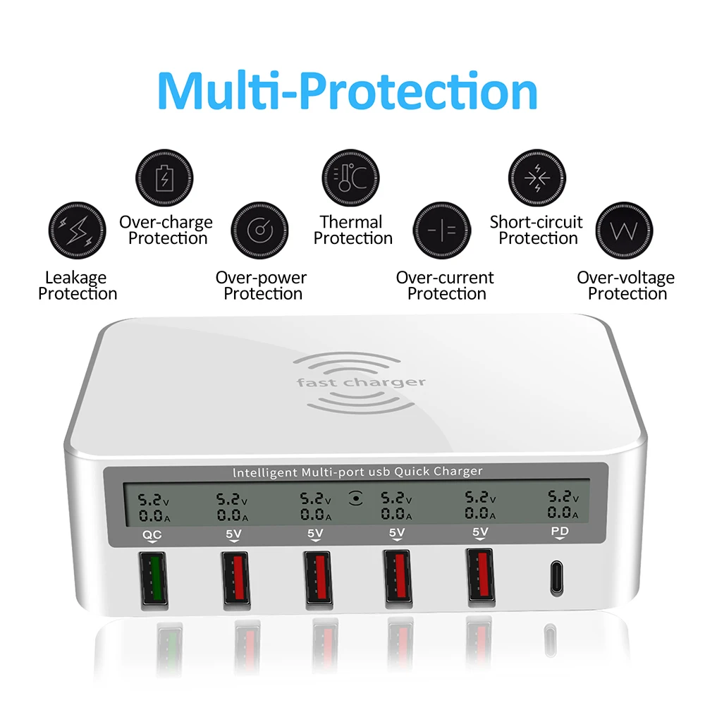 Adaptador de cargador USB PD QC de 50W/100W, cargador inalámbrico, estación de carga rápida de 6 puertos para IPhone 15/14 Pro Max IPad, Samsung Huawei - imagen 5