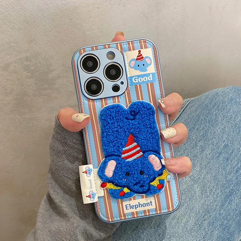 Funda de teléfono de cuero con bolsa de tambor de elefante de peluche 3D de dibujos animados para iPhone 16 15 13 14 11 12 Pro Max - imagen 4