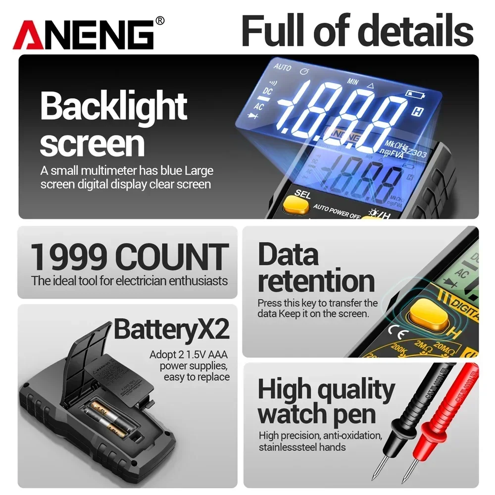 ANENG-probador de multímetros digitales SZ306, resistencia de diodo de 1999 recuentos, voltímetro de corriente de voltaje CA/CC, herramientas de prueba de pantalla retroiluminada azul - imagen 5