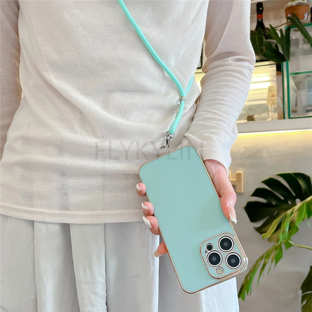 Funda sencilla con cordón cruzado para iPhone, carcasa de silicona suave con correa para collar, 16, 15, 11, 12, 13, 14 Pro Max, XR, X, XS, 7, 8 Plus - imagen 3