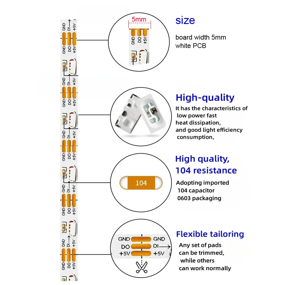 Tira de luces LED Digital de emisión lateral DC5V 12V WS2812B SK6812 4020 IC 60LEDs/m 5mm RGB a todo color direccionable individualmente IC cinta led - imagen 4