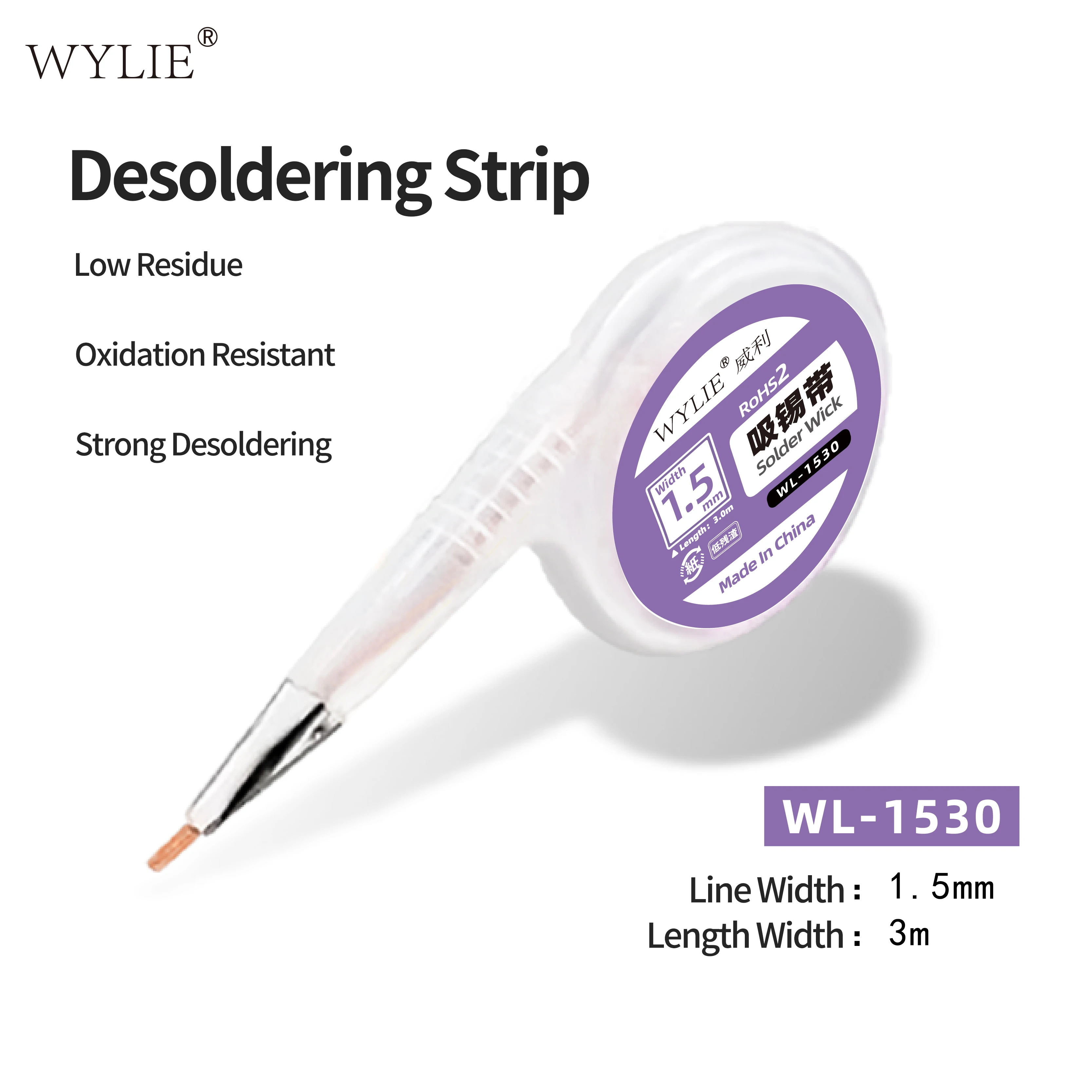 WYLIE 1,5/2,0/2,5/3,0/3,5mm 3M trenza para desoldar bajo residuos para reparación de soldadura PCB junta de soldadura herramienta de desoldar - imagen 4