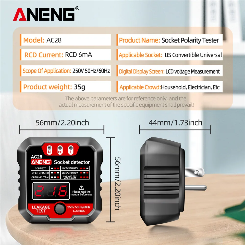 ANENG-Detector de enchufe AC27/AC28, enchufe de EE. UU./UE, prueba de voltaje, medidor de retención de fase de polaridad, herramienta de detección de electroscopio multifunción - imagen 4